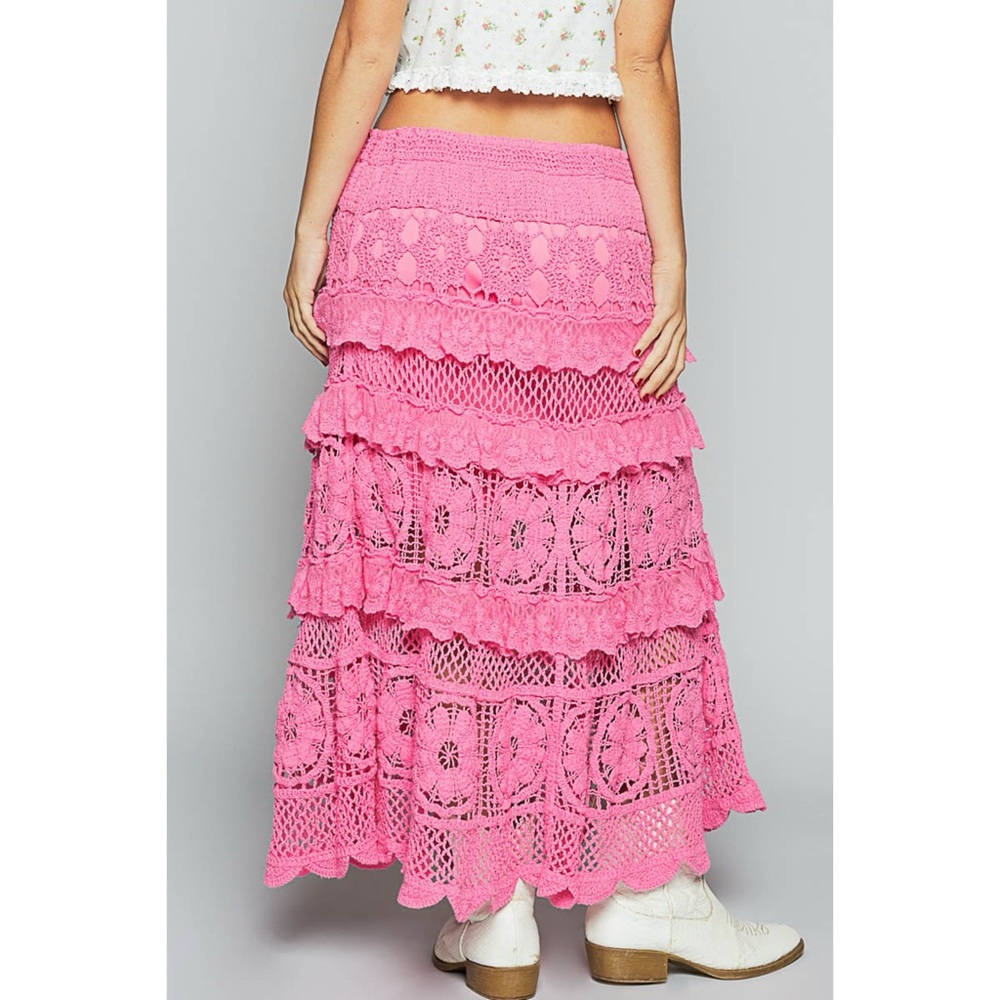 POL Bubblegum Pink Tiered Ruffled Flowy Crochet Maxi Skirt - Picture 8 of 9